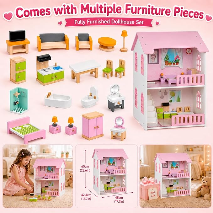 Doll House, Wooden Dollhouse for Girls, Two-Storey Pink Doll House with Furniture, Four Rooms, Pretend Play Toy, Creative Gift for Girls Aged 3+, Birthday Gift for Toddlers and Kids