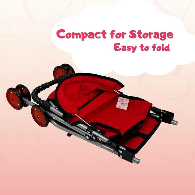 The New York Doll Collection My First Doll Stroller with Basket, Foldable Doll Stroller (Red Quilted)