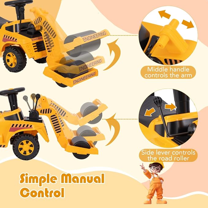 Costzon Ride on Road Roller, Sliding Kids Car with Adjustable Roller, Under-Seat Storage, Anti-Tipping Block & Engine Sound, Construction Vehicle Ride on Push Car for Toddlers Aged 19-36 Months