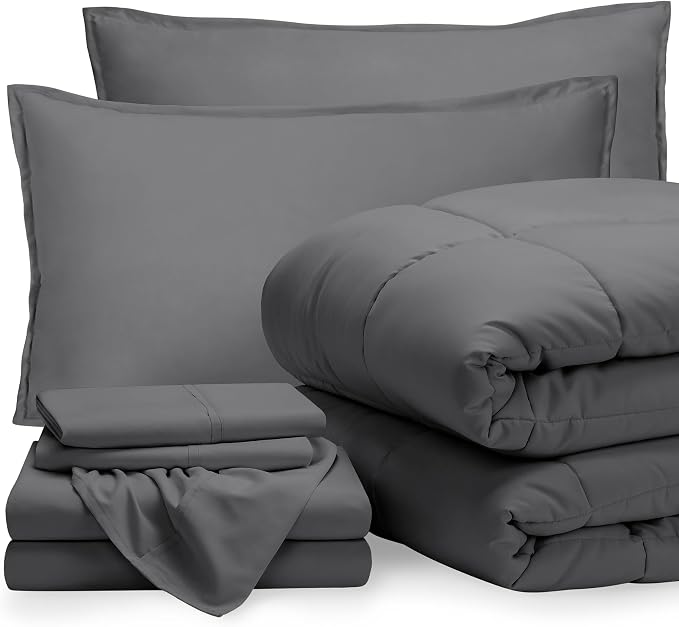 Bare Home Bed-in-A-Bag 7 Piece Comforter & Sheet Set - King - Goose Down Alternative - Ultra-Soft 1800 Premium Bedding Set (King, Grey/Grey)