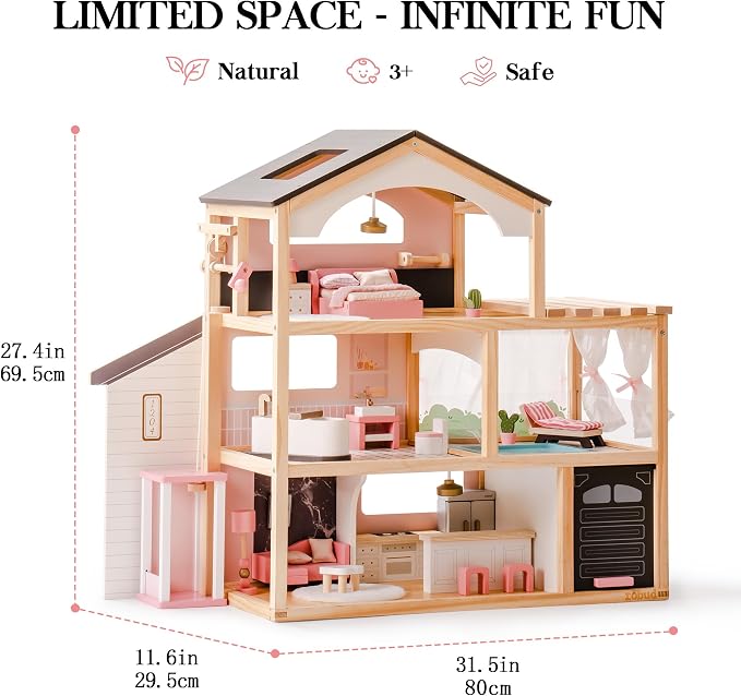 ROBUD Doll House, Wooden Dollhouse with 6 Rooms, 29-pcs Furniture Set, Working Elevator, Garage, Swimming Pool, Ideal Gift for Kids Ages 3+ (Black)