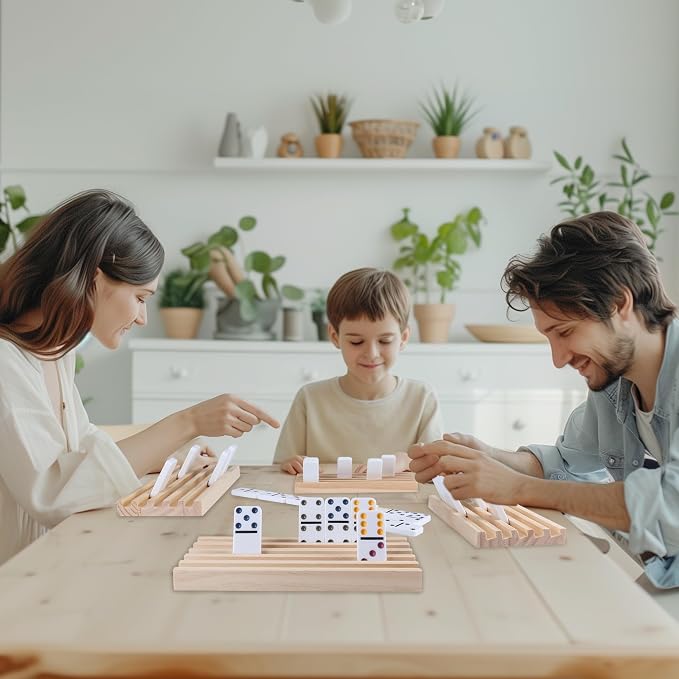GOTHINK Dominos Set for Adults with 4 Wooden Trays/Racks, Double 6 Dominoes Set with Holders, 28 Tile Colored Dot Dominos Games Set with Case Mexican Train Accessories Board Games for Family