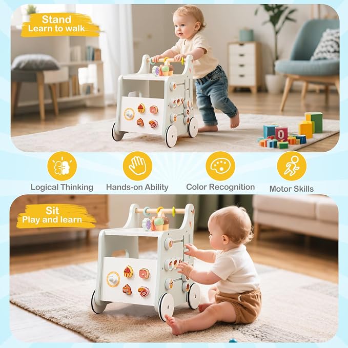HONEY JOY Baby Push Walker, 8-in-1 Wooden Kids Ice Cream Cart & Activity Walker, Develop Motor Skills & Creativity, Dessert Shop Push Toys for Babies Learning to Walk, Gift for Boys and Girls (Green)