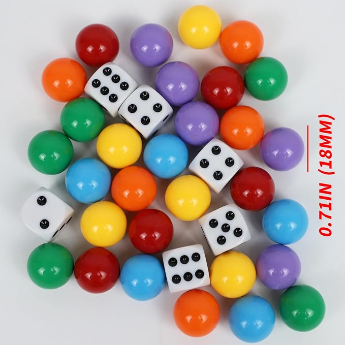 0.71Inch 30 Wahoo Marbles & 6 Dice Set, 5 of Each 6 Colors, 18mm Replacement Marbles for Wahoo Board Games with Storage Bag