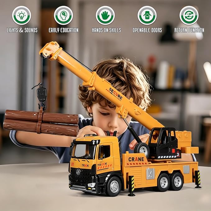 Crane Truck Toy Diecast Metal Cab Construction Truck Toys for Kids Crane Truck Boom that Can Be Raised Lowered Extended Pull Back Toy Crane with Lights and Sounds Crane Toys for Boys Age 4-7