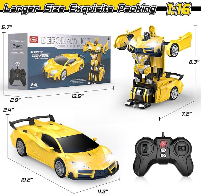 Qumcou Transform Remote Control Car, RC Cars for Boys Age 3-5 6-8, One-Button Transform Toy Cars, 2.4GHz, 360° Spin, 1:16 Scale, Flashing Headlight,3-8 Year Old Grandkids Christmas Birthday Gifts