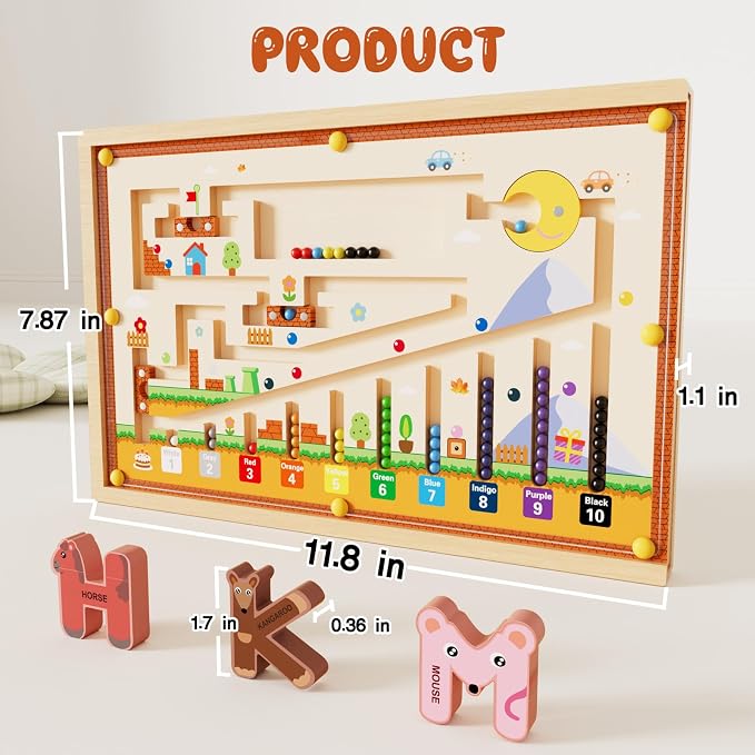 4-in-1 Magnetic Color and Number Maze, ABC Animal Alphabet Puzzles with Drawing Board, Wooden Montessori Toy Storage Box for 3-5 Year Old, Toddler Educational Learning Toy for Kids Boys Girls