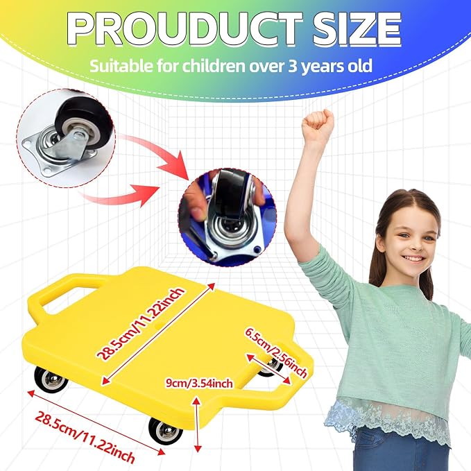 4 Pcs Sports Scooter Board with Handles for Kids Non-Marring Plastic Casters Floor Scooter Board Sitting Scooter Board Boy Girl Gym Indoor Outdoor Activities Play Equipment