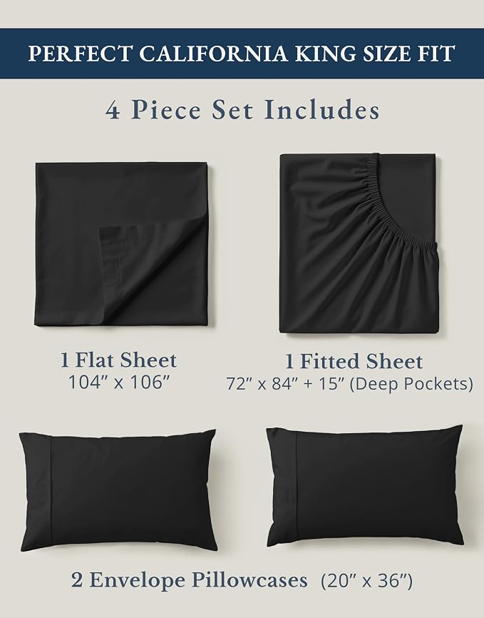 LANE LINEN Cal King Sheet Set 100% Organic Cotton Cooling Soft 4pc - Black | Organic Cotton Percale Cal King Sheet Set - Naturally Cooling & Lightweight, Cool All Summer, Cozy All Winter