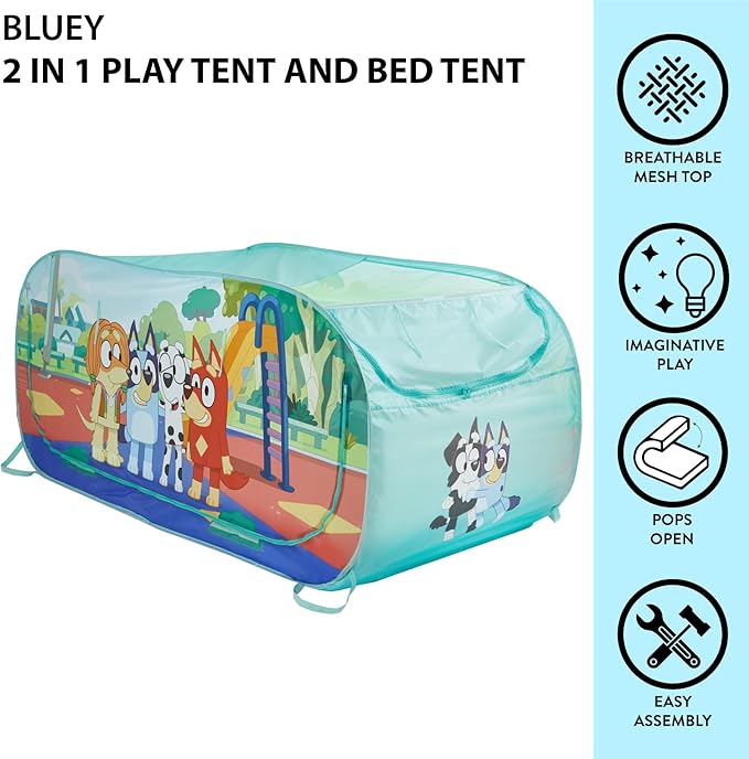 Bluey 2 in 1 Kids Pop Up Play Tent and Twin Bed Tent for Pretend and Imaginative Play
