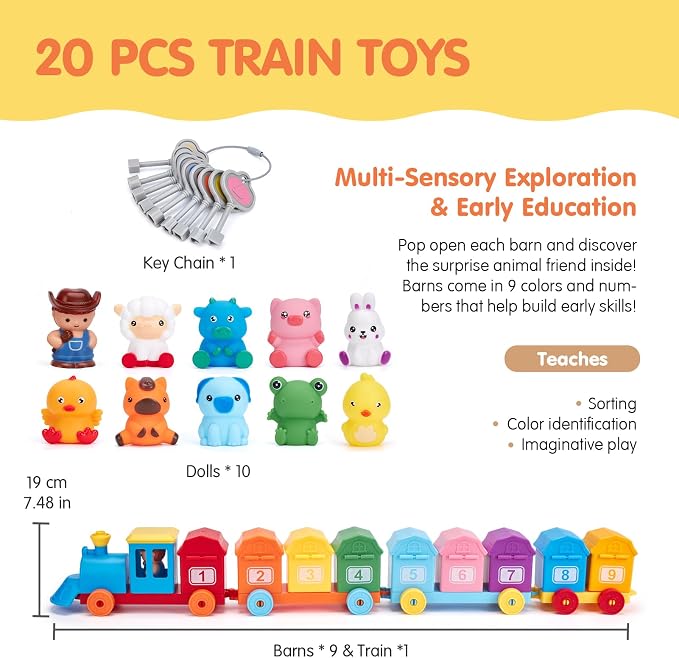 hahaland Toddler Learning Toys for 2 3 Year Old-Counting Matching & Sorting Activity Montessori Train Set with Farm Animals Finger Puppets Keys to Lock and Unlock Barn Birthday Easter Basket Stuffers