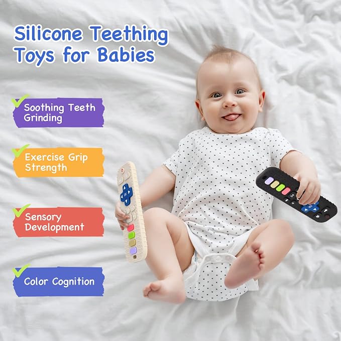 Hooku 2 Pack Silicone Teethers for Babies 0-6 Months, Teething Toys for Babies 6-12 Months, Baby Remote Control Toy, Infant Toys 0-3 Months, Sensory Chew Toys, Toddler Newborn Baby Girl Boy Gifts