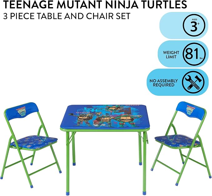 Teenage Mutant Ninja Turtles 3 Piece Children's Activity Square Table and 2 Folding Chairs Set, Ages 3+