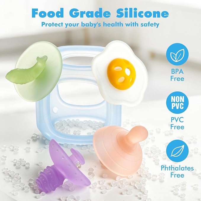 Baby Silicone Teether, Food-Grade Soft Silicone Teething and Sensory Toy, BPA-Free and Non-Toxic, Relieves Baby's Teething Discomfort, Featuring 4 Different Shapes of Teethers