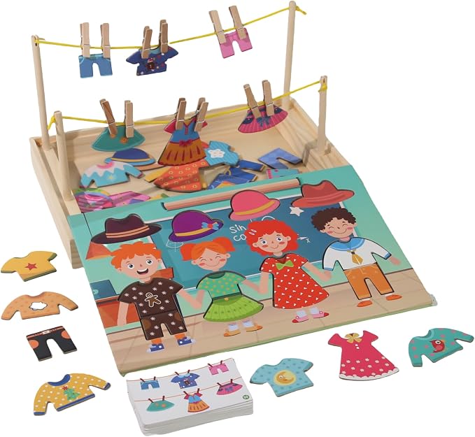 Montessori Practical Life Clothes Hanging Job, Laundry Activity Set with Rope Strings, Clothespins & Dress-Up Air Drying Game Airing Clothes for Toddlers Kids Ages 2-6, Classroom Educational Toy Gift