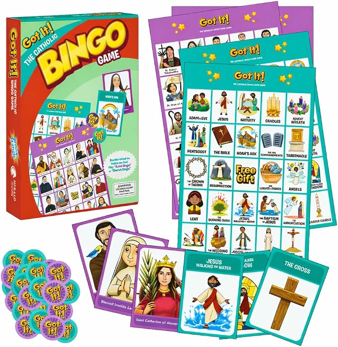 Got It! The Catholic Bingo Game - 2-in-1 Saints & Church Edition - 24 Double-Sided Laminated Cards with Real Chips & Storage Bag - Educational Faith Based Gift for Kids, Teens & Families - Ages 6+