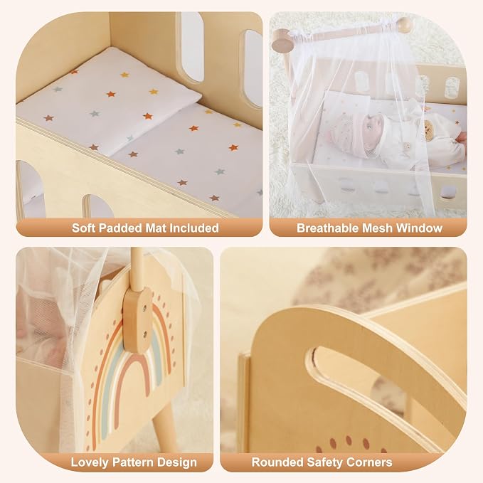 Freniland Wooden Doll Crib Bed for 18 Inch Dolls, Baby Doll Furniture Set with Sheer Canopy and Soft Fabric Mattress, Pretend Play Nursery Accessories for Toddlers