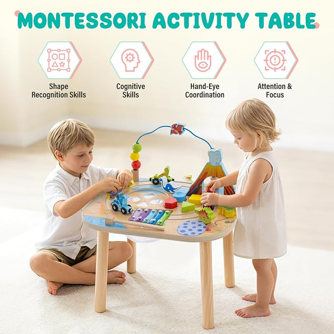 Montessori Activity Table for 1 Year Old, 9-in-1 Wooden Activity Table with Adjustable Height, Train, Shape Sorter, Xylophone, Baby Sensory Educational Learning Toys, Birthday Gift (Dinosaur)