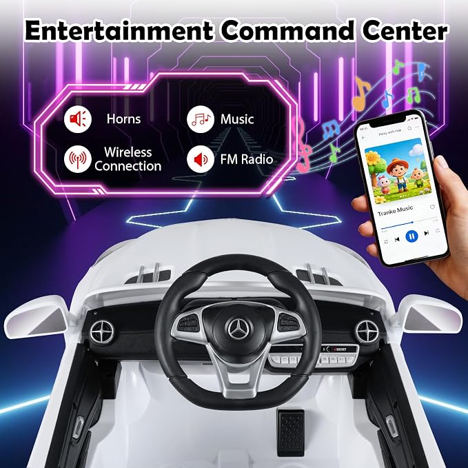 Costzon Ride On Car, 12V Licensed Mercedes Benz Electric Vehicles with Parent Remote Control, LED Headlights, Music & Wireless Connection, Kids Car for Boys Girls Aged 3-8 (SL500,White)