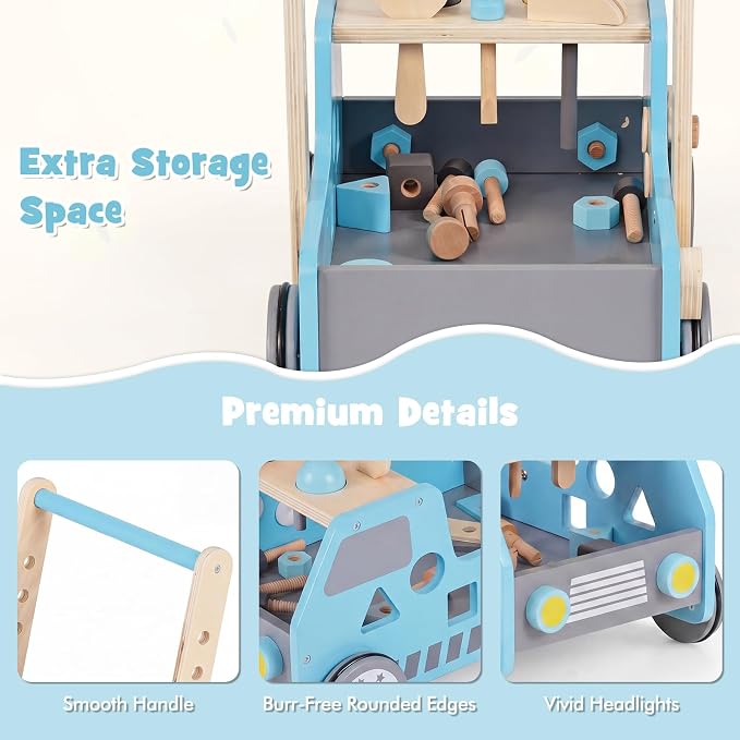 HONEY JOY Baby Push Walker, Adjustable Speed Baby Walker, Wooden Toy Tool Bench & Car Walker w/Shape Sorter, Develop Motor Skills & Creativity, Push Toys for Babies Learning to Walk, Gift (Blue)