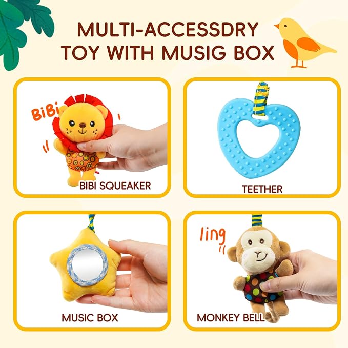 Jollybaby Crib Stroller Car Seat Toys for Baby 0-3-6-9-12 Months, Tummy Time Hanging Sensory Toys for Newborn with Music Box and Teether, Spiral Carseat Toy for Baby Boys Girls Gifts (07-Little Lion)