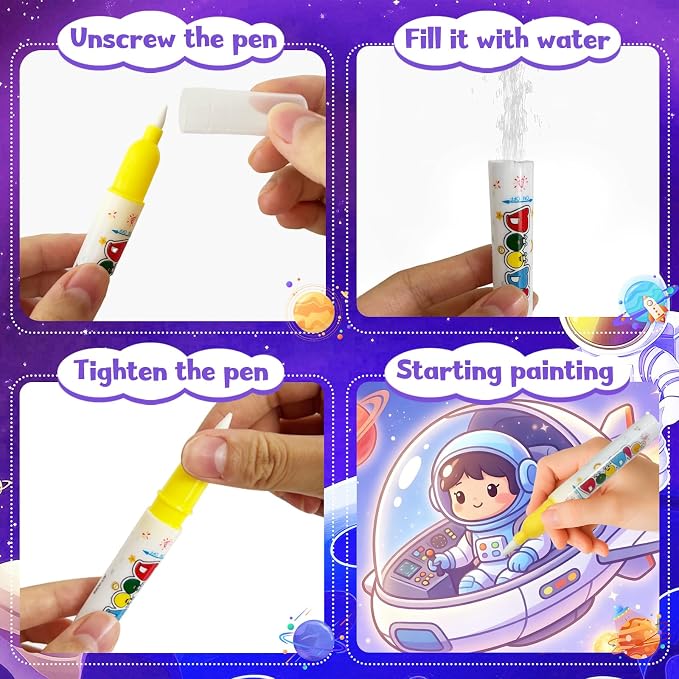 Bresdim Water Painting Books for Toddlers – 4Pack Magic Water Reveal Coloring Books with Water Pens (Princess, Space, Animal,Ocean) No-Mess Coloring & Reusable Fun Travel Activity for Kids Ages 1-3–6
