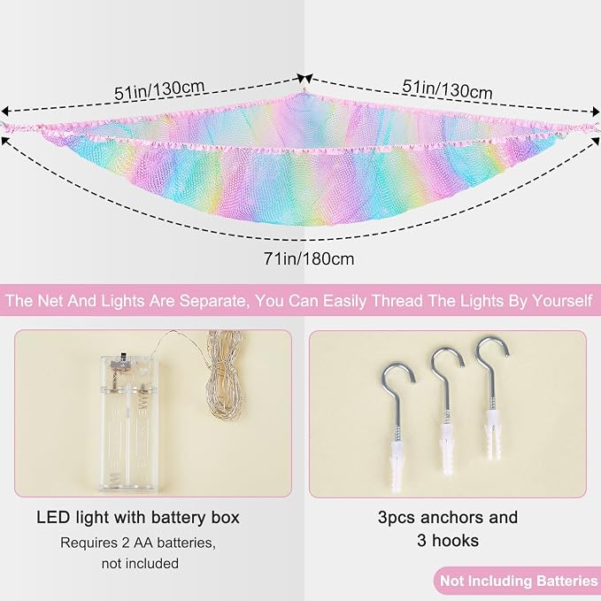 Unicorn Castle Stuffed Animals Net or Hammock Kids Toy Storage Organizer with LED Light Hanging Corner Stuffed Animals Holder Kids Girls Room Decor,Rainbow-A,Large (Pack of 1)