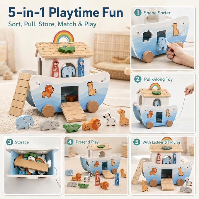 Wooden Noah’s Ark Toy for Toddlers 1-3, Montessori Animal Shape Sorter with 8 Pairs of Animals, Noah Figures, Rainbow, Ladder and Lacing Rope, Baptism Birthday Christian Gift for Boys Girls