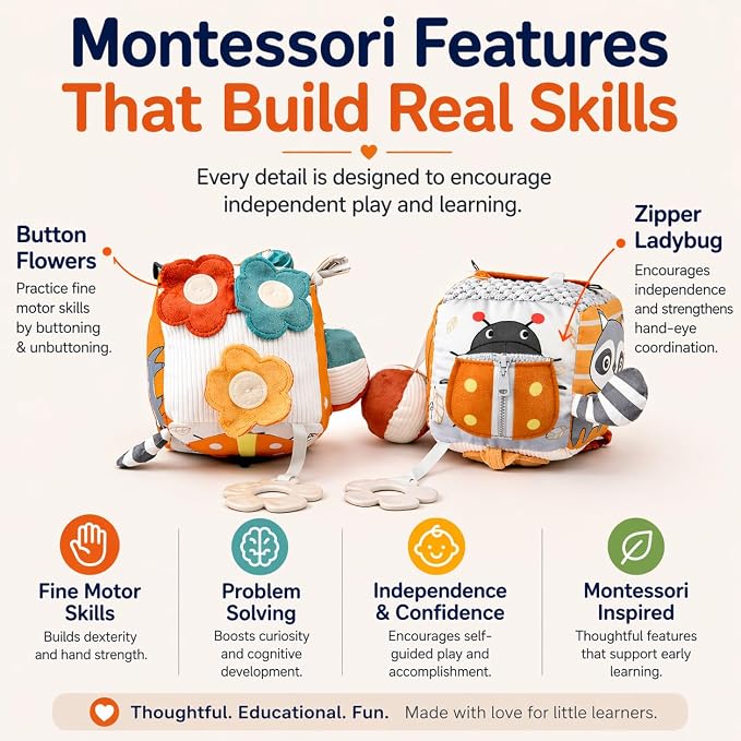 Baby Activity Cube Toy 8-in-1 for Babies 6-12 Months | Montessori Sensory Cube with Mirror, Teether, Crinkle Textures & Fine Motor Activities | Soft Busy Cube Toy for Toddler