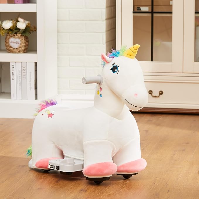 Qaba 6V Kids Ride on Horse, Battery Powered Ride on Toy, Unicorn Shaped Electric Riding Animal with Music, Soft Touch, PU Wheels, Foot Pedal, Forward, for Girls Boys Aged 18-36 Months, White
