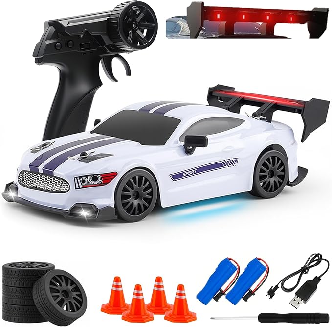 RC Drift Car, 1:24 Scale Remote Control Vehicle for Kids,2.4GHz 20KM/H 4WD High Speed RC Cars with LED Light, Two Batteries & Drifting Tires Racing Sport Toy Cars for Adults Boys Girls Kids 8602WH