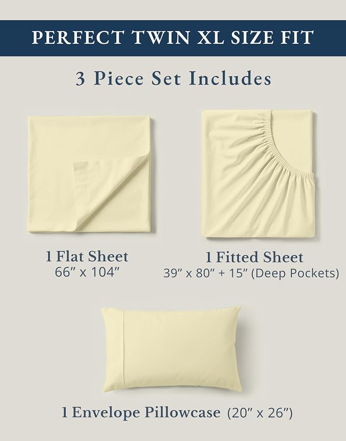 LANE LINEN Twin XL Sheet Set 100% Organic Cotton Percale Cooling - Vanilla | Twin XL Sheet Set, Pure Long-Staple Organic Cotton - Crisp, Cool & Breathable, For Hot Sleepers, All-Season Comfort