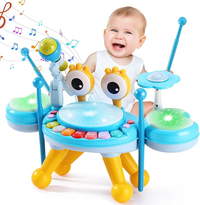 Resosese Toddler Drum Set for 1-3 Year Old, Baby Drum Set for Kids 1 2 3, Montessori Learning Toys with Light-Up Microphone, Birthday Gift for Baby Boys Girls 6 9 12 18 Months