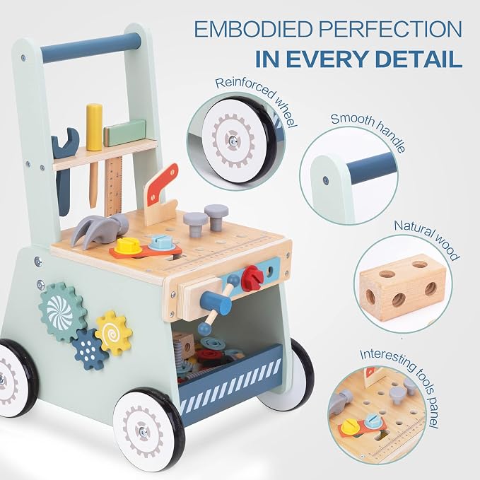 2-in-1 Baby Push Walker - Wooden Push Walker and Tool Toy for Babies - Toddler Learning Activity Walker for Girls Boys 1-3 Years - Educational and Sturdy Construction