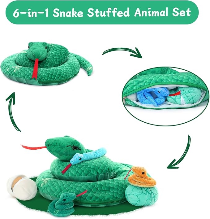 Muiteiur Giant 6 Piece Snake Stuffed Animal, 55 inch Mommy Snake with 3 Baby&2 Egg, Green Large Jungle Plush Toy, Realistic Serpent Plush Toy Gift for Kids Girls Boys