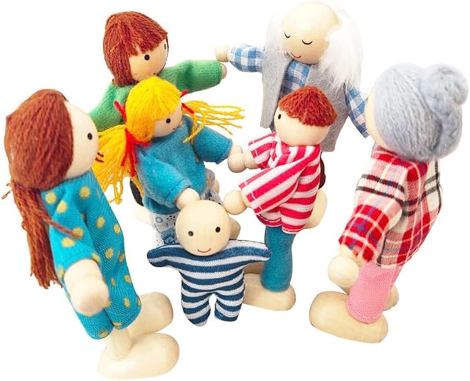 HYSTYLE 7 Pack Wooden Dollhouse Family Dolls Pretend Play Figures, Family Role Play Pretend Play People Figures
