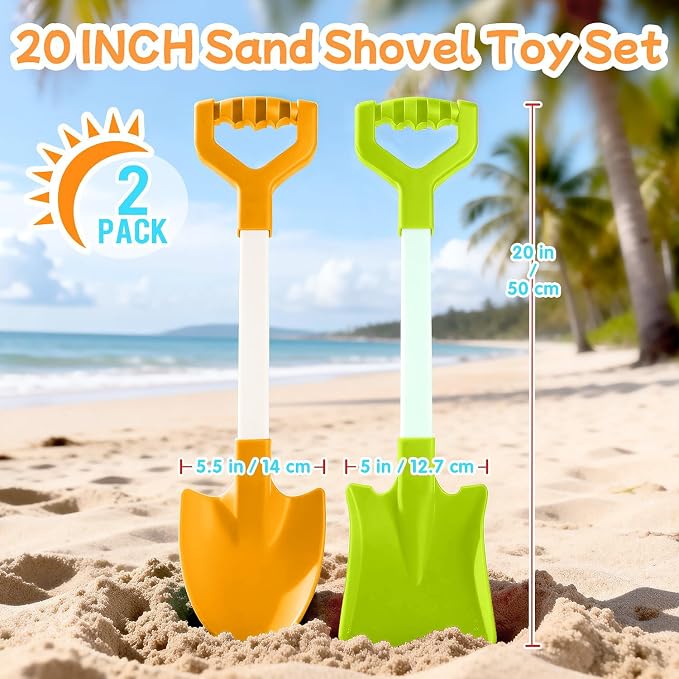 20 Inch Beach Sand Shovels for Kids, Heavy Duty Plastic Spades, 2 Pack Set for Sandbox Garden Snow Digging (Orange-Green)
