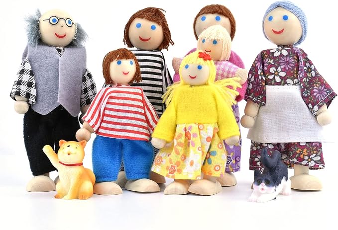 Jzszera Wooden Dollhouse People, 2-4 inches Doll House Dolls Family with 2 Pets (Dog and Cat)