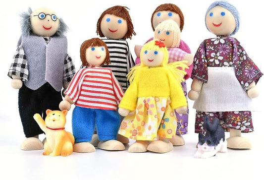Jzszera Wooden Dollhouse People, 2-4 inches Doll House Dolls Family with 2 Pets (Dog and Cat)