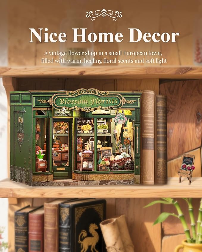 Cutefun Book Nook Kit - DIY Miniature Flower Shop Booknook Kits for Adults and Teens, 3D Wooden Puzzle Bookend Bookshelf with LED Light, Creative Crafts Gifts for Book Lovers (Blossom Florists)