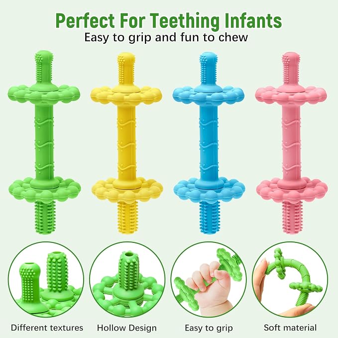 4 Pack Teething Toys for Babies 0-3 3-6 Months – Anti-Choking Design,Teething Relief for Infant Straws Sticks 6-24 Months, Baby Toddlers Silicone teether Tubes