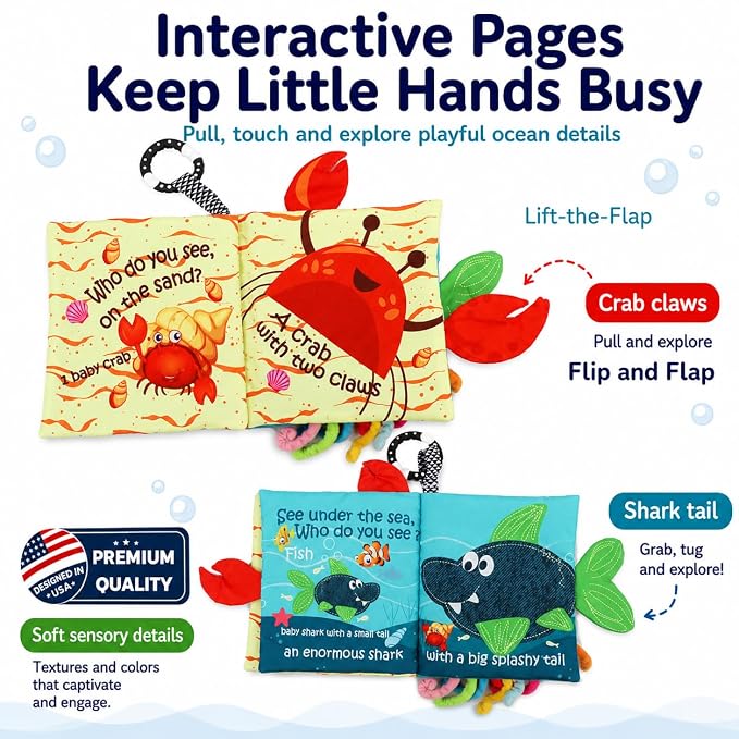 Fish Baby Book, Crinkle Books for Babies, Touch & Feel Soft Books, Infant Baby Toys 0-3 0-6 6-12 Months, Sensory Mirror Toy,Teether Ring, Baby Shower, Baby Basket Stuffers,Gifts for Boys Girls -Green