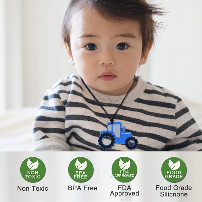 KongNai Chew Necklace for Sensory Kids, 5Pcs Chewy Necklaces for Boys and Girls with Autism ADHD, Chewable Silicone Pendant for Reducing Fidget Anxiety,Dinosaur Tractor Chewing Pendants for Toddler
