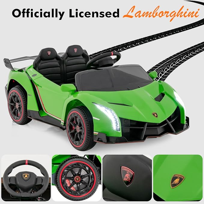 INFANS 2 Seater Kids Ride on Car, 12V 4WD Licensed Lamborghini Veneno Powered Electric Vehicle with Hydraulic Doors, Rocking Mode, Adjustable Speeds, Remote Control, MP3, Headlight (Green)