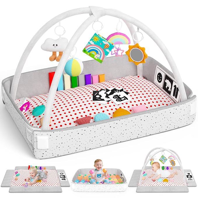 Baby Play Gym Mat Tummy Time Mat with 5 Detachable Activity Center Newborn Infant Babies Boy Girl Gifts for Babies Toys 0-3-6-12 Months Newborn Infant Babies Essentials Gift