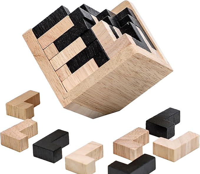 Wooden Brain Teaser Puzzle Cube Wooden Puzzles T-shaped Jigsaw Logic Puzzle Educational Toy for Kids and Adults by AHYUAN (L Shape Black and Natural)
