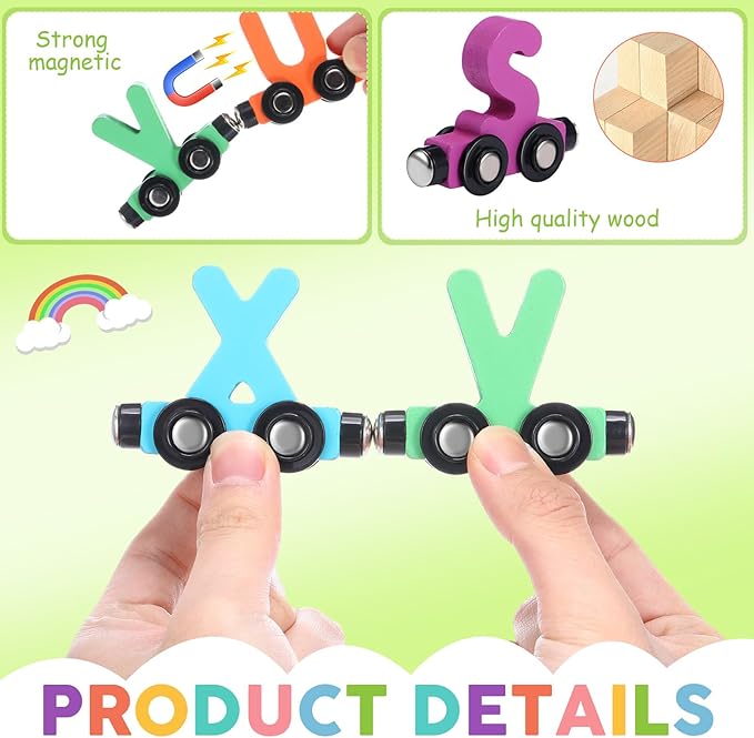 43 Pcs Magnetic Wooden Alphabet Number Trains Set for Kids with 26 Alphabet, 14 Number Trains, 3 Locomotives, Learning Toys for Toddlers Boys Girls Educational Gift for 3-7 Year Olds