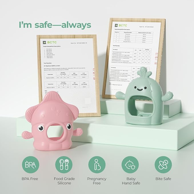 Momcozy Baby Teething Toys, Food Grade Silicone Baby Teether，Teething Mitten for Babies 0–6 Months，Teethers for Babies 6–12 Months，Anti Drop Wrist Teether with Multiple Chew Points， Mint Green