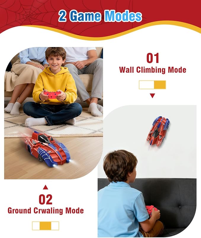 Spider Hero Wall Climbing Car Remote Control Kids Toy, 360° Rotating Remote Control Car with Light, Rechargeable RC Stunt Cars Wall Toys for Boys Kids Ages 4 and up