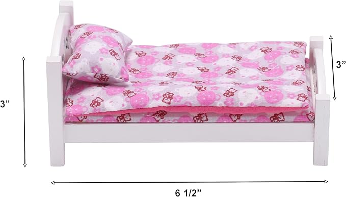 Dollhouse White Wooden Mini Bed with Pink Bedding, 1:12 Scale Realistic Bedroom Furniture for 6 Inch Dolls